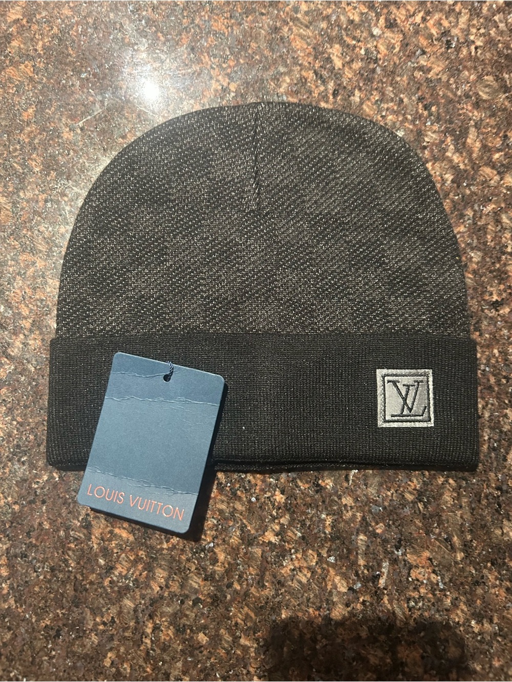 Louis Vuitton Black & Charcoal Knit Cuffed Beanie with LV Patch
